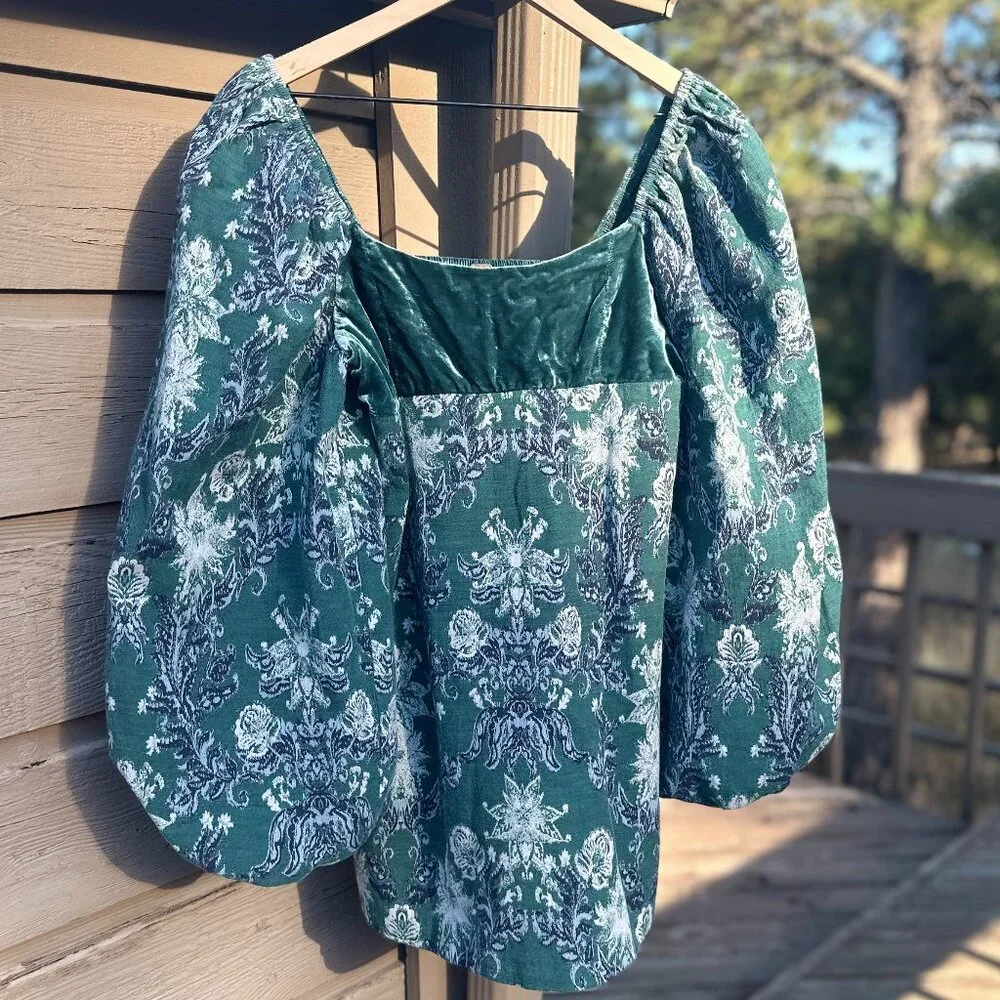 EUC Free People Lauren Green Floral Velvet & Tapesty Holiday Mini Dress